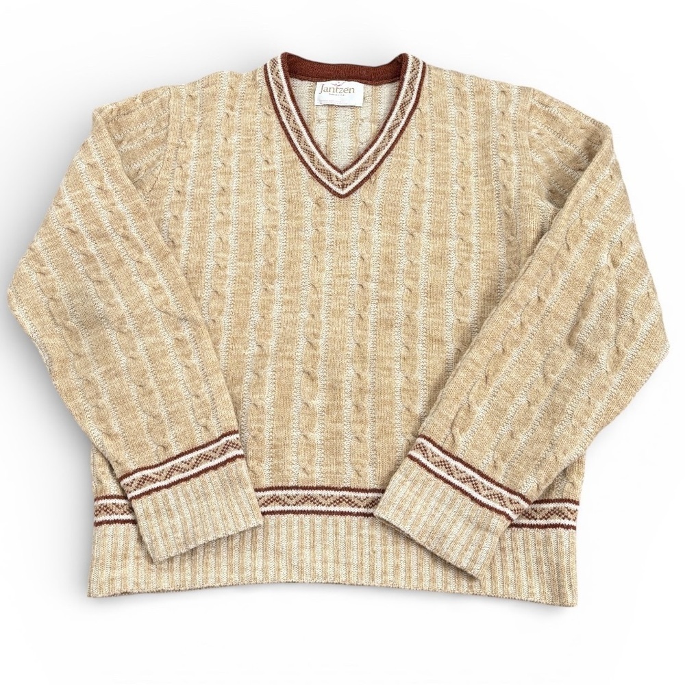 VTG Jantzen V-Neck Ski Sweater Mens Large Nordic Beige Tan Brown Kurt Cobain 80s
